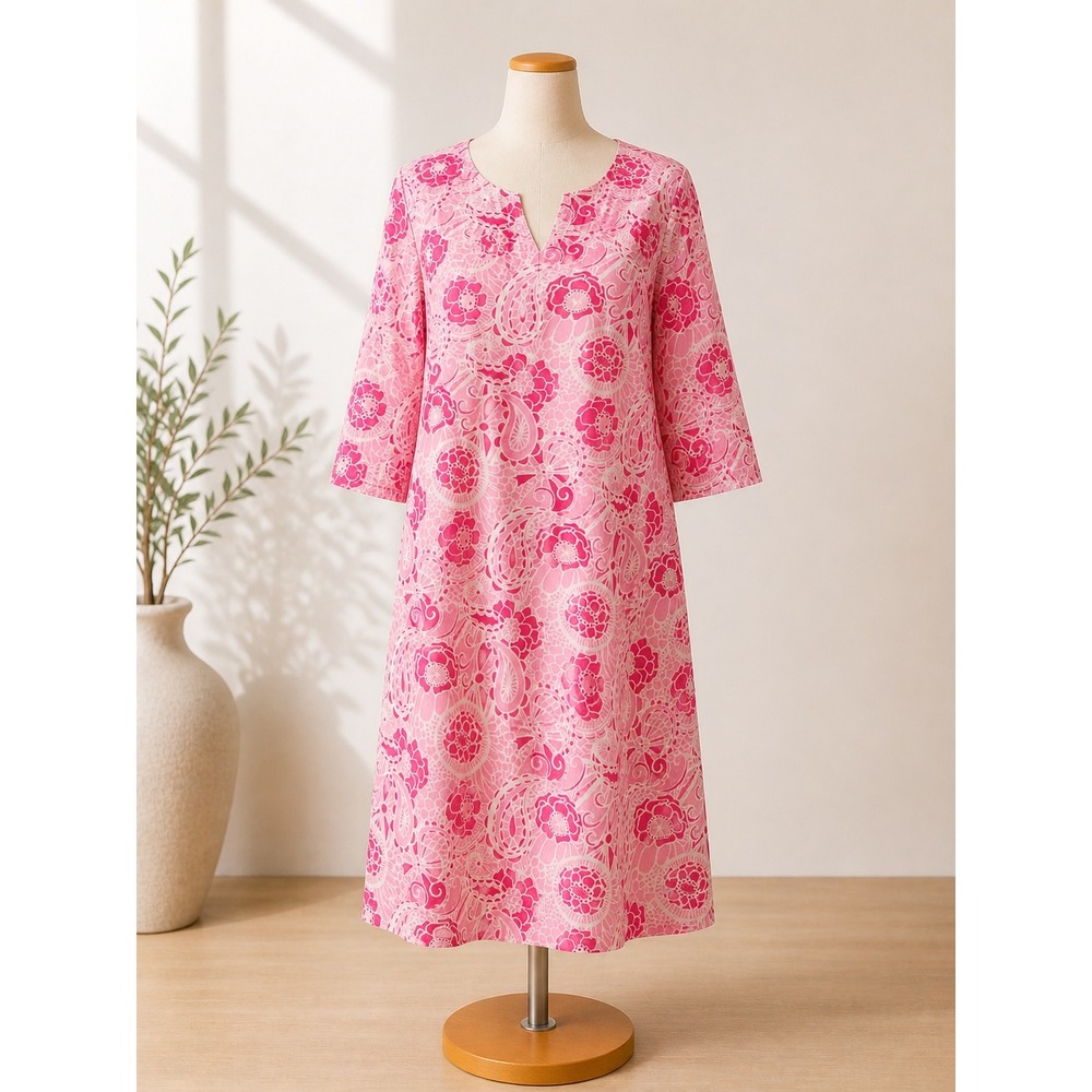Lilly Pulitzer Pink Floral Paisley Embroidered V-Neck Midi Dress Womens Size M